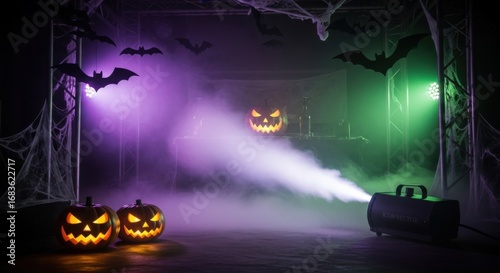 Spooky Halloween Scene with Fog Machine and Jack-o'-Lanterns