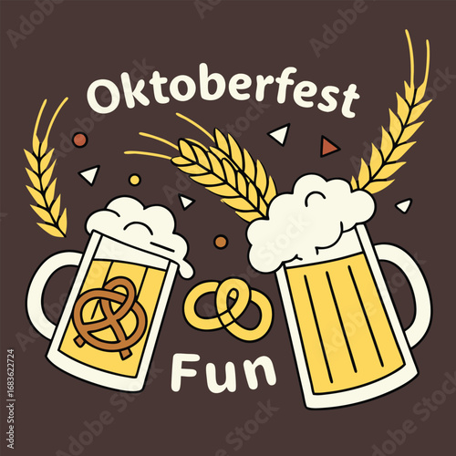 Oktoberfest beer mugs clinking with wheat and pretzels