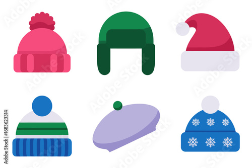 Winter hat vector collection, colorful knitted caps with pom poms, seasonal warm headwear illustrations, holiday accessories, cozy fashion art, festive design graphics