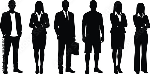 Flat vector illustration of business people silhouettes in formal and casual attire, professional team, office workers, diverse gender representation, confident 