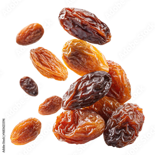 Raisins Falling in Mid-Air — dried grapes cascading downward with natural texture and rich color, isolated on a transparent background, ideal for healthy snack design, packaging, and diet concepts