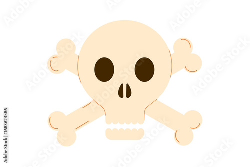 Skull and crossbones illustration, Halloween pirate symbol, spooky death icon, minimalist vector style graphic for October decoration, horror party, trick treat, pirate costume theme.