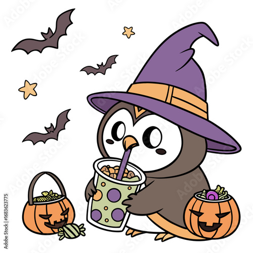 Delightful Bashful Owl in a Halloween scene with with a bubble tea – Spooky Fun vector illustration