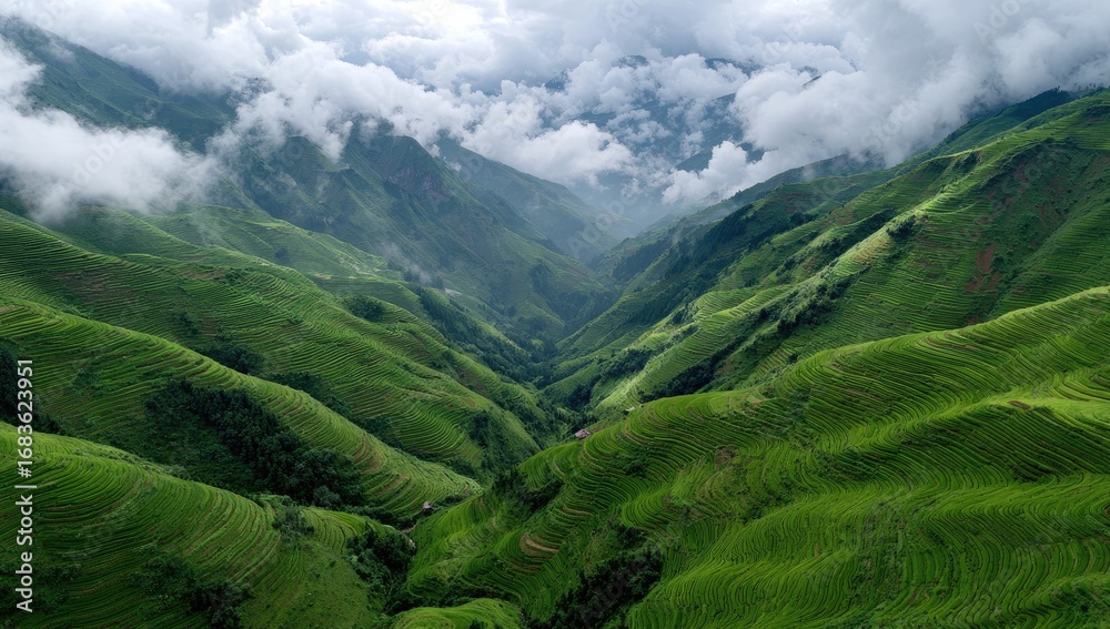 Obraz premium Lush green terraced rice paddies ascend mountainous valley