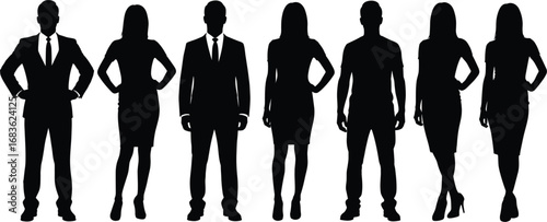 Business team silhouettes standing confidently, professional men and women, corporate group, leadership concept, teamwork, success, business people vector illustration