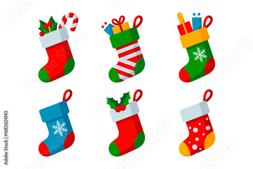 Festive holiday stockings vector collection, Christmas decorative sock illustrations, cheerful seasonal graphics, bright celebration design, winter art elements