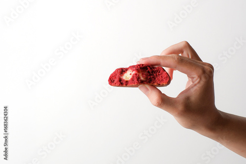 Photos Hand presenting a red velvet stuffed cookie, showing cream-cheese center on a minimalist grey background—perfect for product promo, menus, packaging mockups, and social media