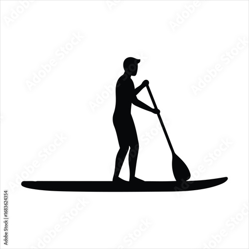 Silhouette of a person stand up paddleboarding on a calm body of water
