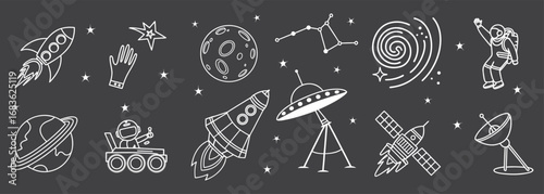 Seamless cosmic pattern with rockets, astronauts, planets, satellites, and stars in doodle style. Dark background vector illustration for space, science, and digital design.