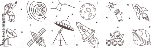 Seamless space illustration with astronauts, planets, satellites, telescopes, and cosmic symbols. Modern astronomy doodle background for science, fabric, and digital design. Vector line art