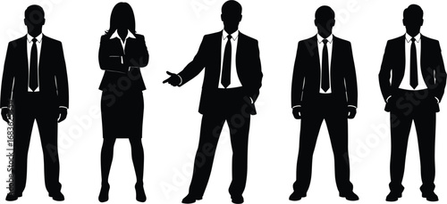 Business professional silhouettes, man and woman in suits, corporate team, standing posture vector, black flat design, office concept