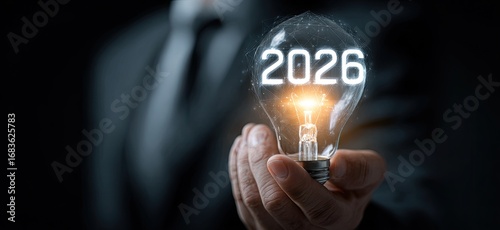 Businessman holds illuminated lightbulb with the year 2026 displayed, symbolizing future ideas and innovation