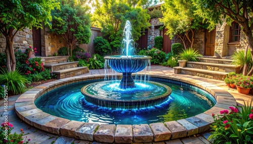 Fototapeta Naklejka Na Ścianę i Meble -  Sunlit courtyard fountain with lush gardens