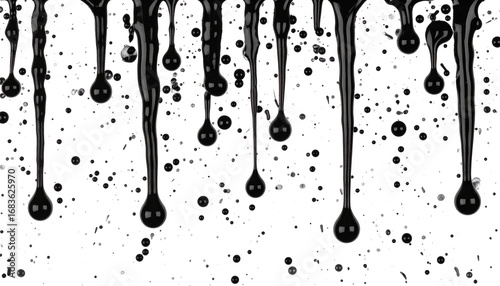 Imagen hiperrealista de un fondo transparente, con pintura negra cayendo desde la parte superior. La pintura se desliza en gotas y chorros, creando salpicaduras y efectos de fluido realistas