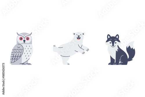 Minimal arctic animal icons set, owl polar bear fox silhouettes, simple flat vector illustrations, winter wildlife emblem collection