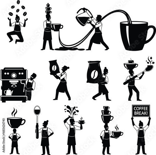 Barista Silhouettes Preparing Coffee, Brewing Espresso, Pouring Drinks, Juggling Beans, Stacking Cups, and Promoting Coffee Break Vector Illustration
