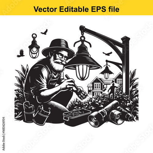 Gardener with tools and lamp in garden, vector illustration