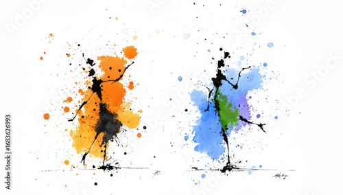 Abstract figures dancing amidst vibrant splashes of color