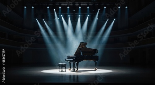 Grand piano spotlight on stage