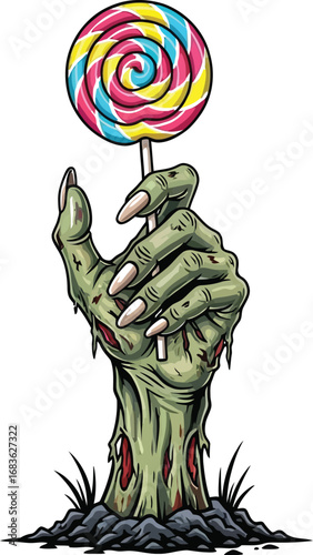 Zombie hand rising from the ground holding a colorful lollipop illustration