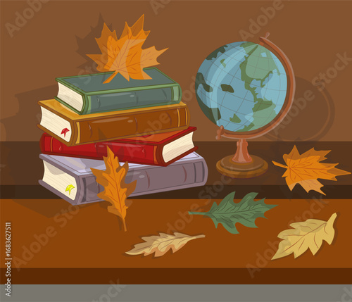 Autumn still life with books and globe