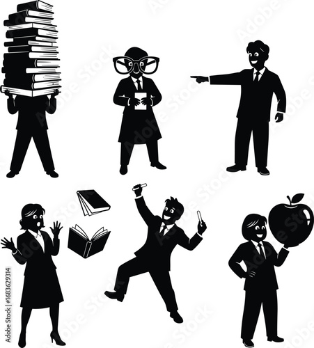 Business people silhouettes with books, apple, celebration, and excitement, representing education, knowledge, success, and corporate achievements in various professional poses.