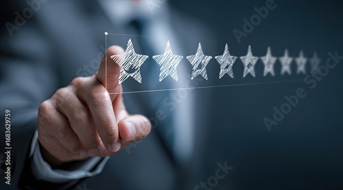 Businessperson selecting star ratings on a transparent interface