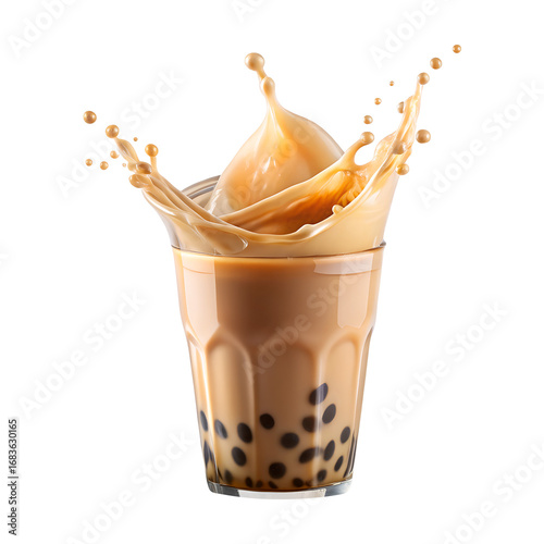 Splash of bubble milk tea in glass with tapioca pearls isolated on a transparent white background, clipping path