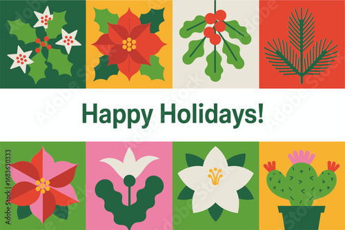 Holiday floral pattern festive vector illustrations, seasonal greeting banner set, cheerful Christmas design, decorative winter flower art, bright celebration style
