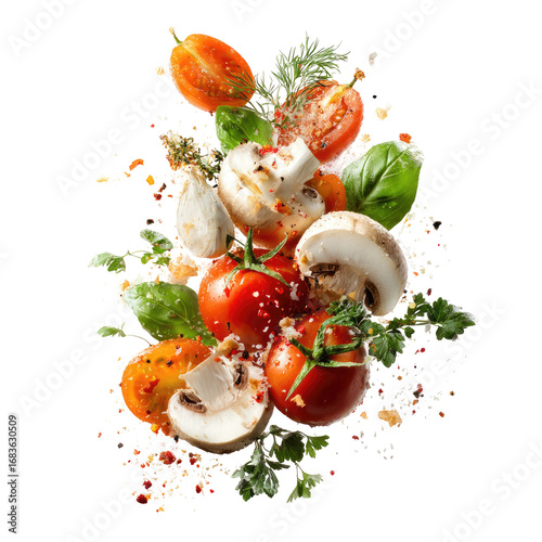 Fresh vegetables in mid-air, vibrant colors