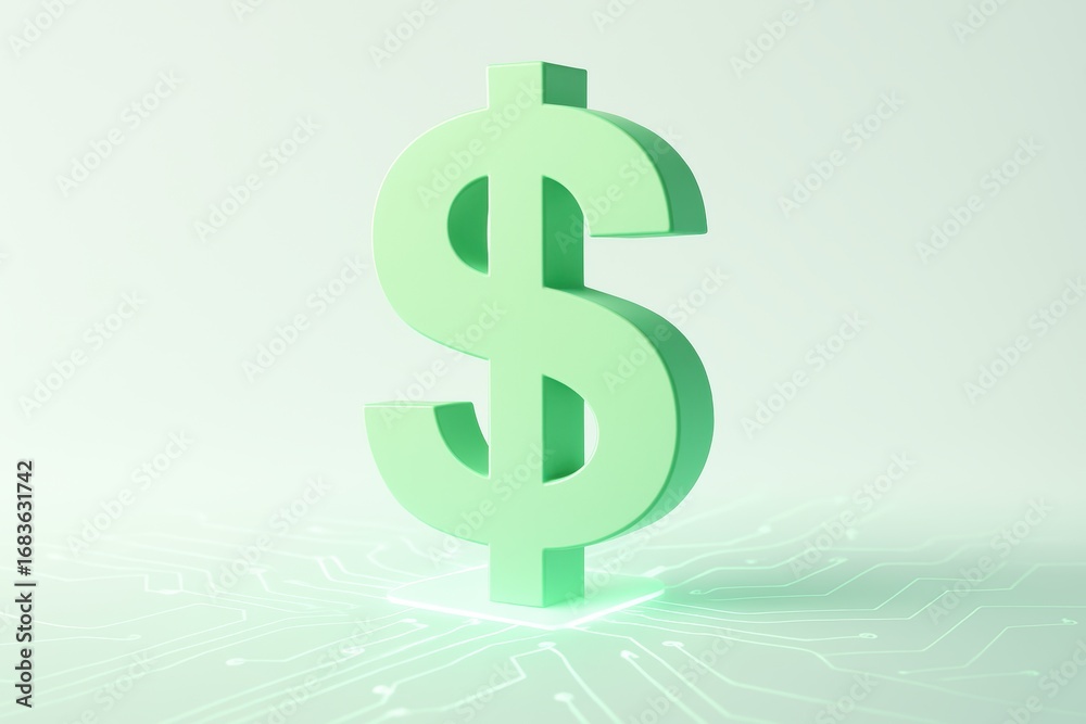 Obraz premium Dollar Sign: A vivid green dollar sign, signifying financial prosperity, stands in striking simplicity against a bright background, representing the concept of wealth.