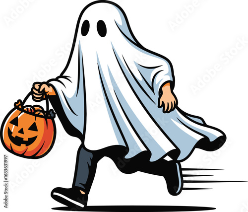 Cartoon ghost running with pumpkin bucket for trick or treating on halloween night