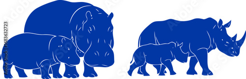 blue hippo and rhino family silhouettes a symbol of wild kinship and enduring bonds, isolated on transparent background