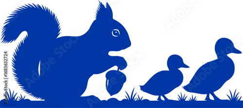 blue squirrel and ducklings silhouette a charming tale of unexpected friendship and natures gentle harmony, isolated on transparent background