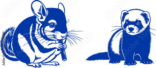 charming chinchilla and ferret silhouettes a whimsical duo of cobalt blue, playful pets, perfect for pet lovers and playful designs, isolated on transparent background