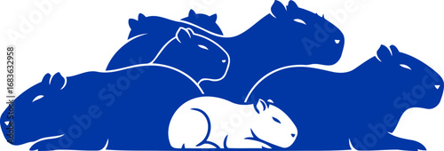 capybara family silhouette peaceful harmony in cobalt blue, isolated on transparent background