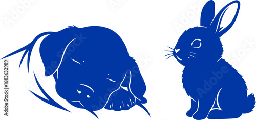 cobalt blue canine slumber peaceful pup and curious bunny silhouette, isolated on transparent background