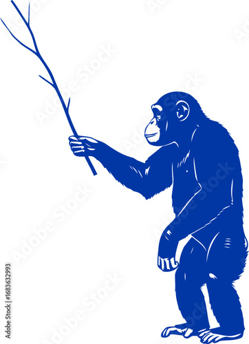 cobalt blue chimpanzee a primates thoughtful pose with branch, isolated on transparent background