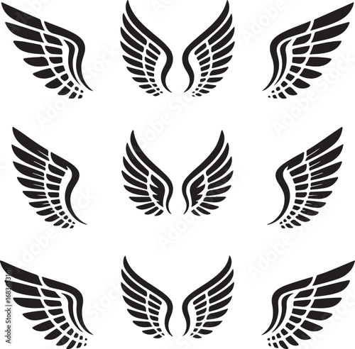 Wings set vector illustration with bird and feather design in black silhouette style. set of black wings icons, angel or bird wings