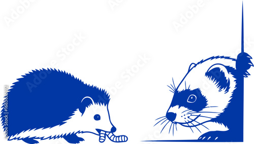 cobalt blue hedgehog and ferret silhouettes a playful moment of wild encounter, unexpected companionship in nature, isolated on transparent background