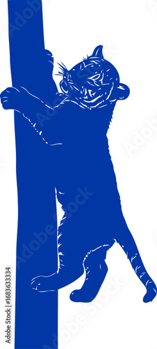 cobalt blue tiger cub silhouette a playful ascent, symbolising courage and youthful exploration, isolated on transparent background
