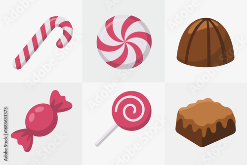 Festive holiday sweets vector collection, candy and chocolate illustration set, cheerful Christmas treats design, colorful seasonal dessert graphics, bright celebration art