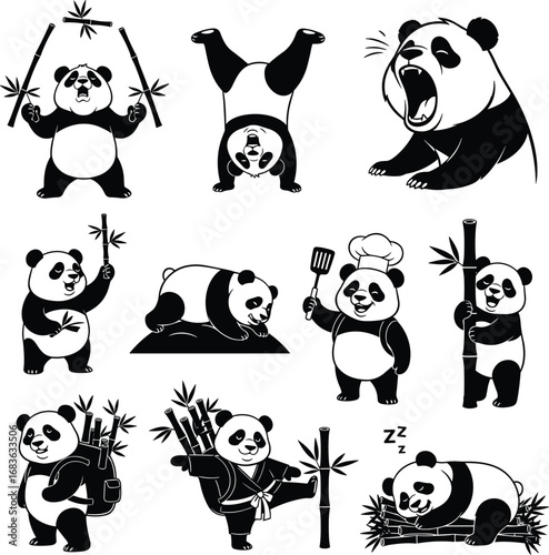 Cute Panda Silhouette Vector Set with Bamboo, Sleeping, Cooking, Yawning, Kung Fu, Hiking, Climbing, Handstand, and Eating