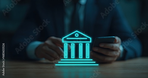 Businessperson interacting with a glowing, stylized bank building icon on a smartphone