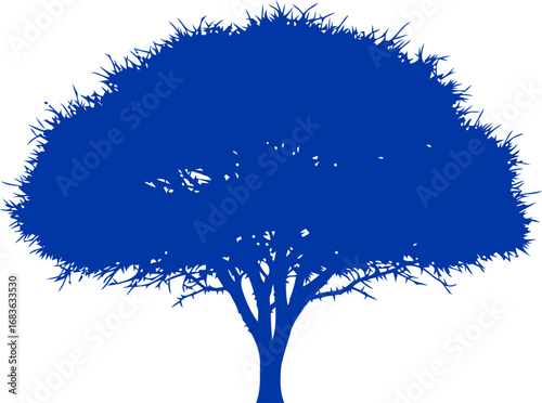 cobalt silhouette of a resilient tree a symbol of enduring strength and quiet hope, reaching for the sky, isolated on transparent background