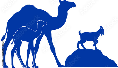 desert oasis blue camel family and goat silhouette, symbol of harmony and resilience, isolated on transparent background