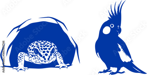 geckos cave and cockatiels perch a blue silhouette duo, symbolizing hidden worlds and avian majesty, isolated on transparent background