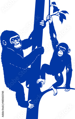 gorilla and chimpanzee silhouette a cobalt blue primate bond, playful arboreal adventure, and powerful friendship, isolated on transparent background