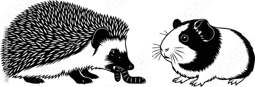 intriguing duo hedgehogs feast and curious guinea pigs gaze, isolated on transparent background