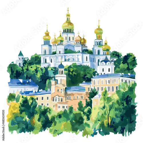 Kyiv Pechersk Lavra. Kyiv Pechersk Lavra watercolor vector illustration